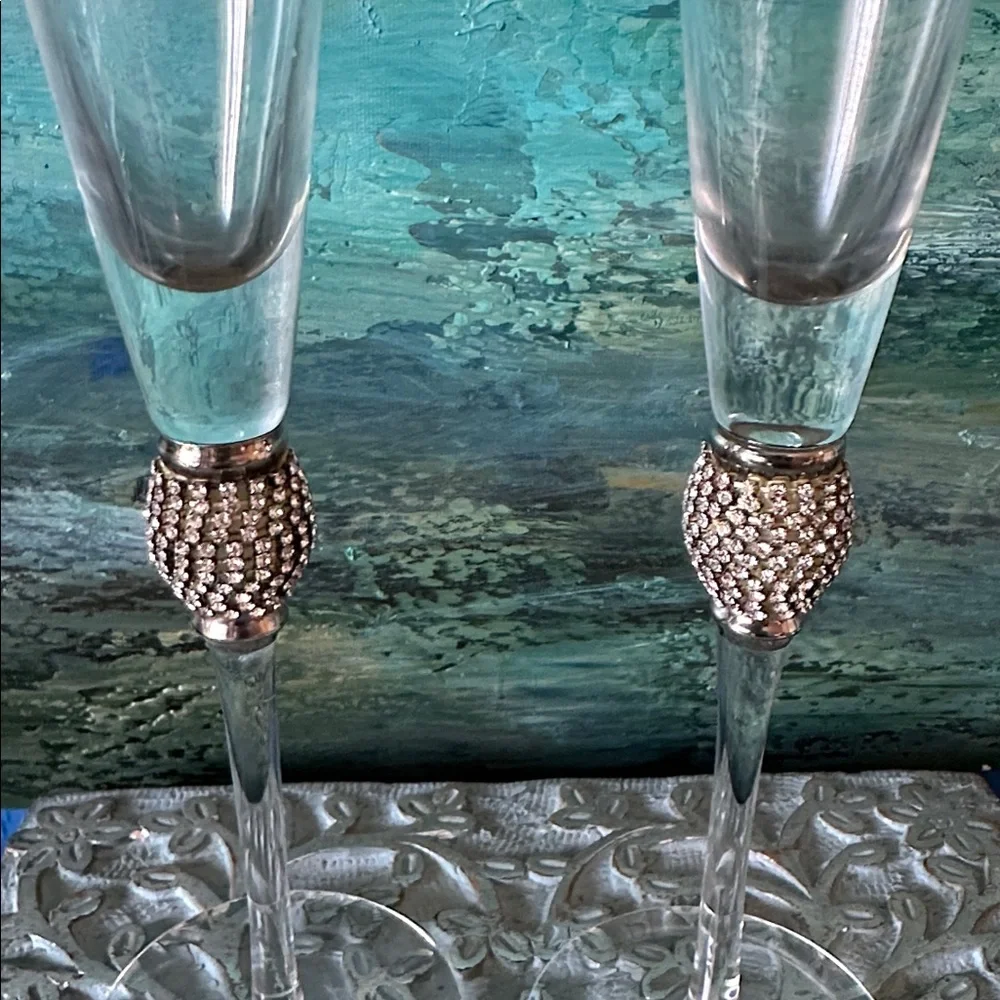 2 Elegant Glass Champagne Flutes with Silver Crystal  Accents